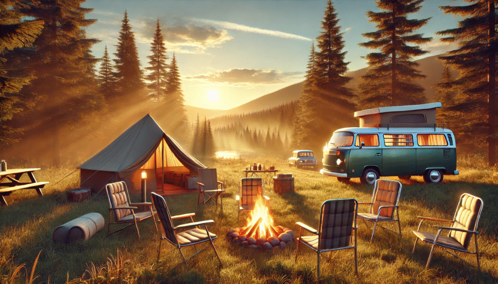 Scenic camper van and tent at sunset